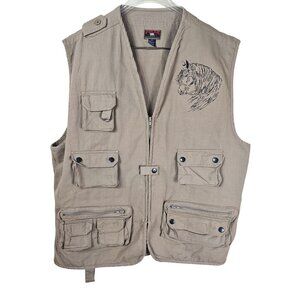 VTG Polar Graphics USA Khaki Fishing Vest Sz XL Horse Embroidery Utility Cargo